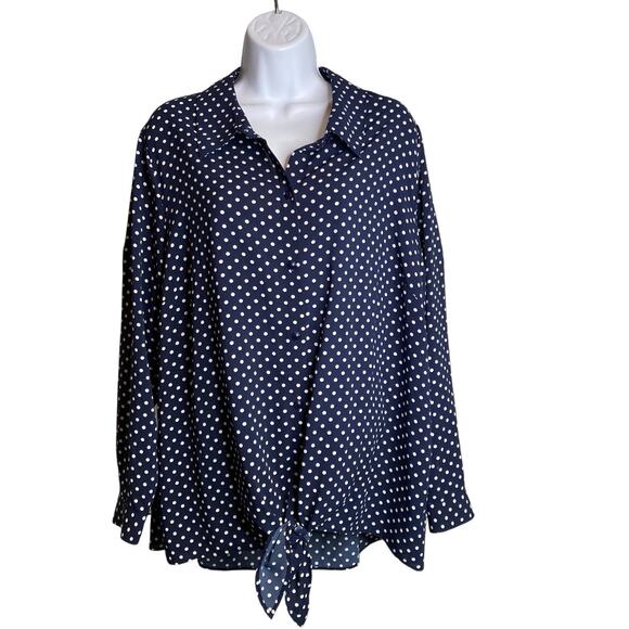 Susan Graver Women's Blue White Polka Dot Tie Hem Blouse Size 18W Coastal Preppy - Picture 1 of 11